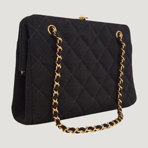 Chic Black Quilted Canvas Chanel Frame Hand Bag with Gold Chain